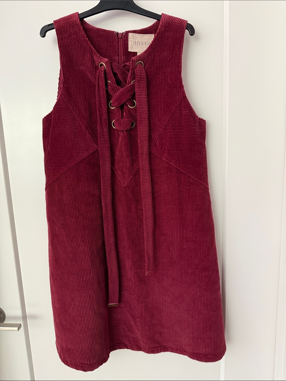 Moon River Corduroy Lace-Up A-Line Dress in Wine Red